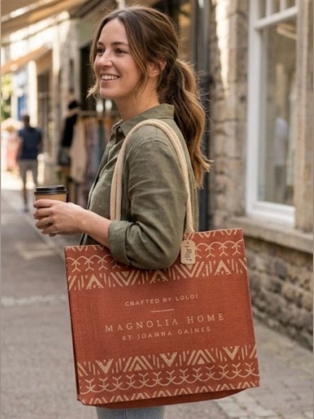 NEW Magnolia Home Joanna Gains Rust Red Burlap Tote Pier 1 Imports 16" x 14" x5